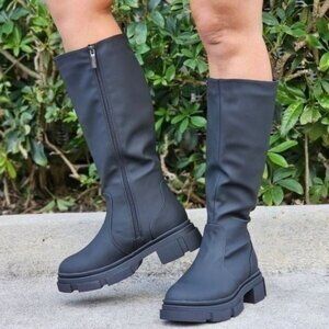 Black Color Round Toe Synthetic Mid Calf Boots Side Zipper Women's